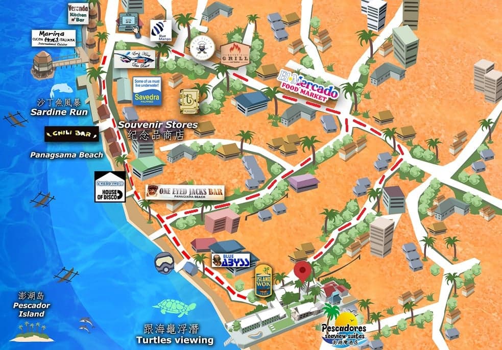 Illustrated map of Basdiot, Moalboal — walking route from Pescadores Suites to Panagsama Beach, the sardine run, Pescador Island boats, dive shops and restaurants